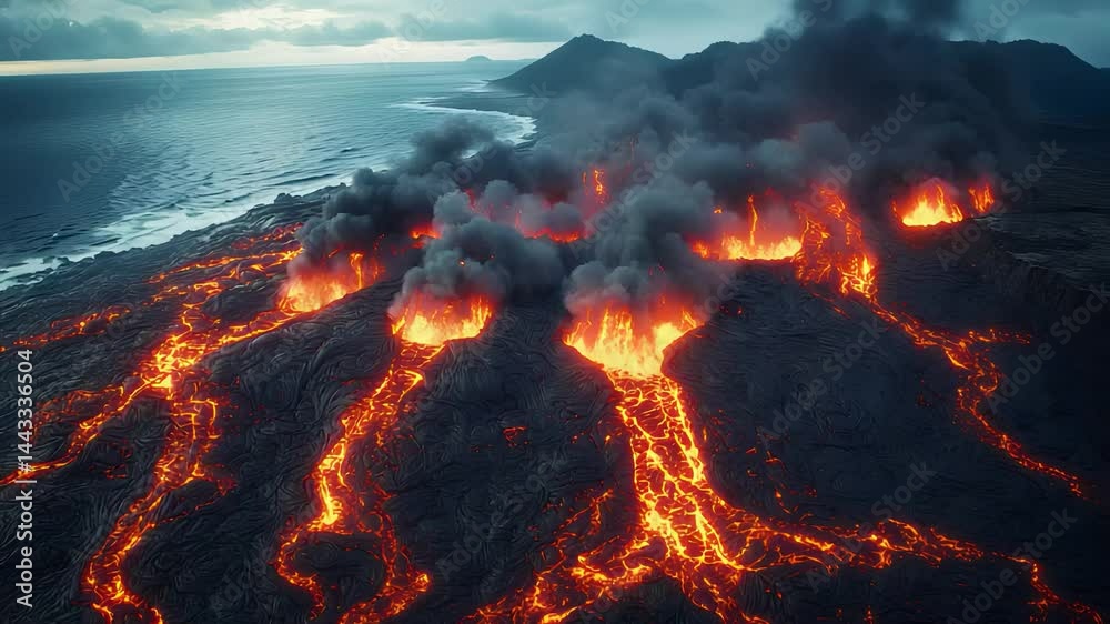 Aerial View of Erupting Volcano with Lava Flowing into the Ocean and Dark Smoke Plumes
Aerial View of Erupting Volcano with Lava Flowing into the Ocean and Dark Smoke Plumes