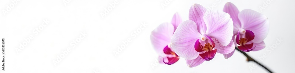 Obraz premium A delicate orchid on a white background, showcasing its intricate details and petals, bloom, botanical, flower