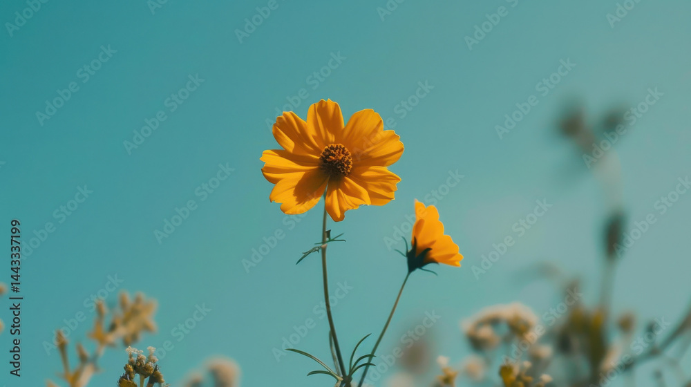 Bright yellow flower stands tall against pale mint background, radiating beauty and joy in nature embrace