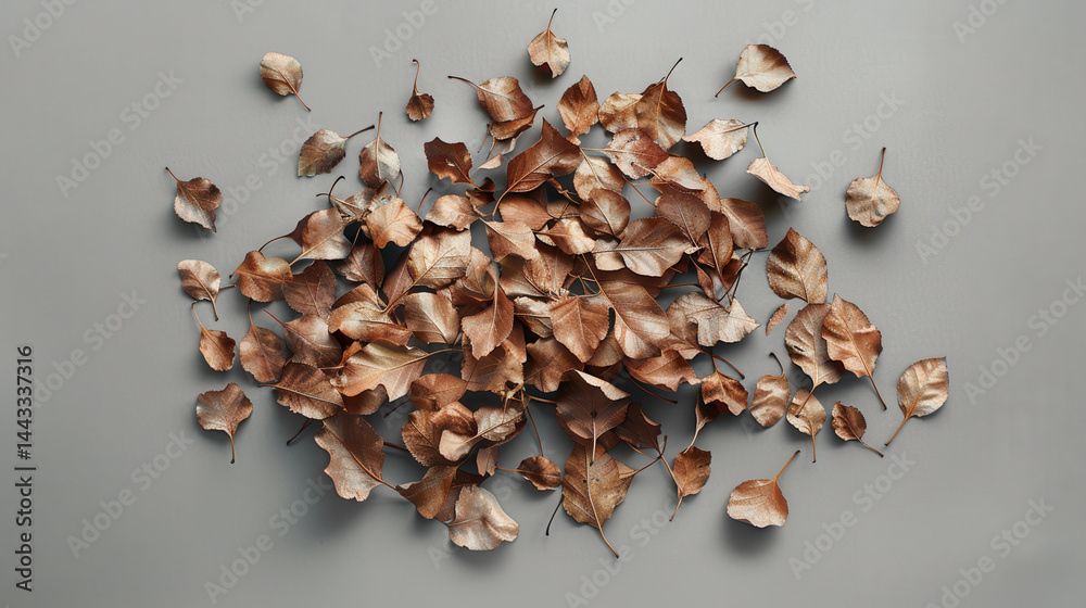 Dried leaves scattered on pastel gray background create serene and natural aesthetic, perfect for autumn themed decor