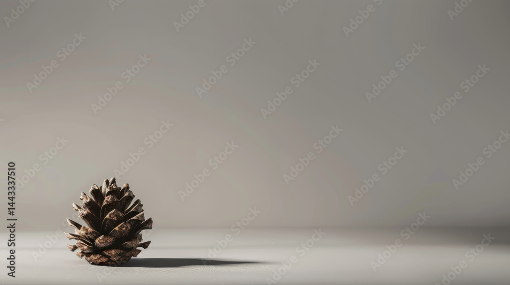 Pine cone placed neatly on muted gray background, showcasing its natural texture and form, evokes sense of calm and simplicity
