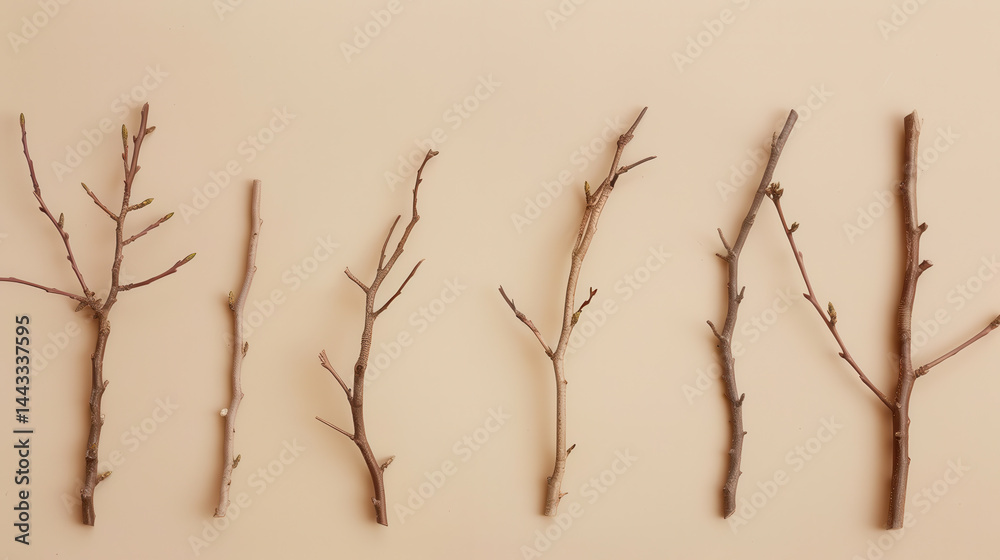 Set of dry twigs arranged on beige pastel background, showcasing natural textures and earthy tones, evokes sense of simplicity and calm