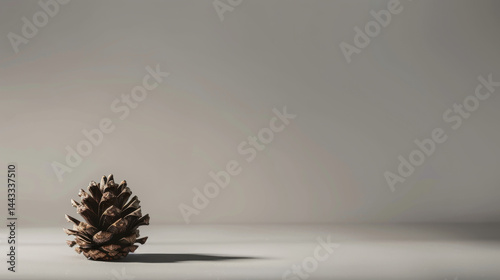 Obraz na płótnie Pine cone placed neatly on muted gray background, showcasing its natural texture and form, evokes sense of calm and simplicity w salonie