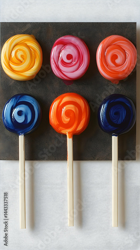 Six colorful swirl lollipops on sticks arranged on a dark gray surface above white