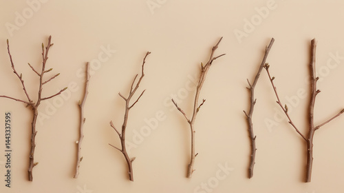 Obraz na płótnie Set of dry twigs arranged on beige pastel background, showcasing natural textures and earthy tones, evokes sense of simplicity and calm w salonie