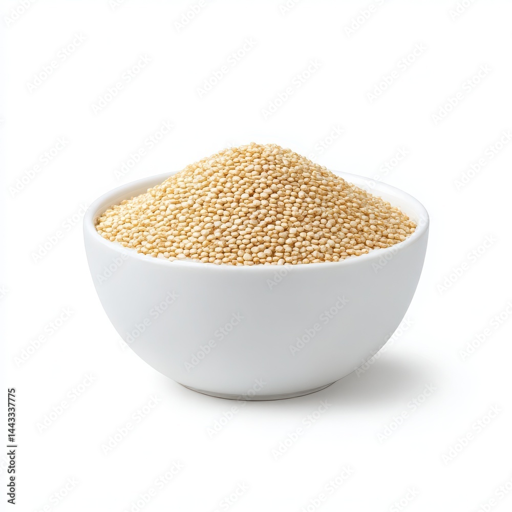Quinoa in bowl, close up, isolated on white background Quinoa in bowl, close up, isolated on white background