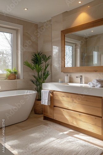 Salle de bain lumineuse avec baignoire blanche, meuble en bois et plantes vertes, ambiance naturelle et zen en lumière du matin, illustration intérieure haut de gamme