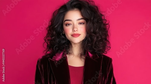Confident young woman with voluminous curly hair posing in a velvet blazer against a bright pink studio background.