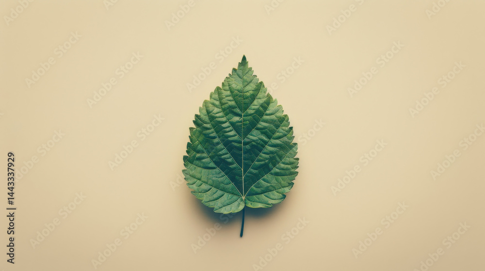 Single green leaf on pastel beige background, showcasing its intricate details and natural beauty, evokes sense of tranquility and freshness