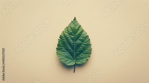 Obraz na płótnie Single green leaf on pastel beige background, showcasing its intricate details and natural beauty, evokes sense of tranquility and freshness w salonie