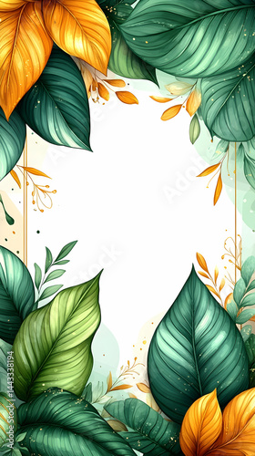 Tropical frame featuring green and gold leaves with a vertical gold border