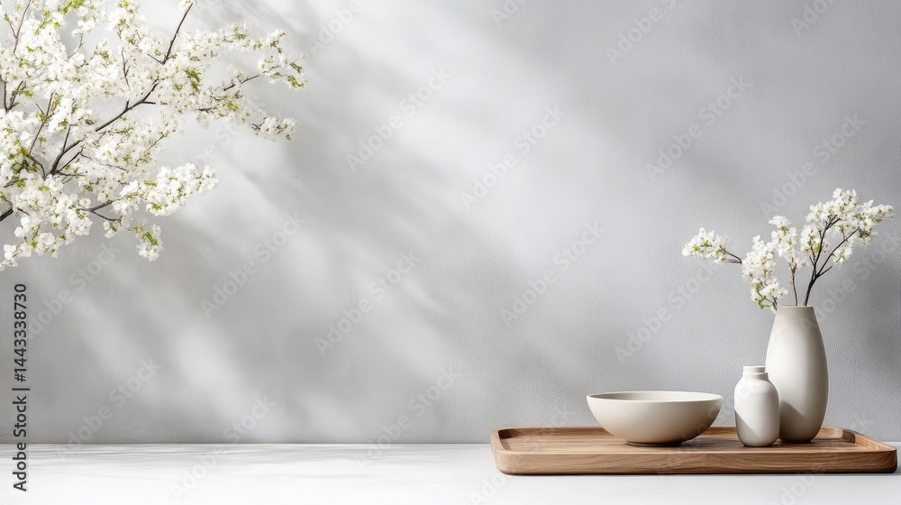 A delicate white flower branch casting shadows on a minimalist wall, with a wooden tray holding ceramic vases and bowl, and serene indoor setting.