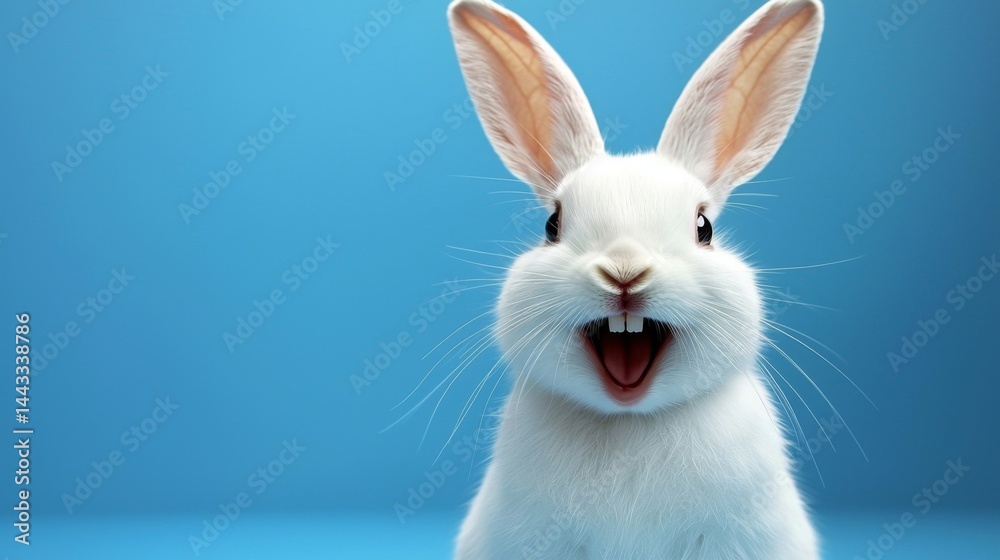 Adorable rabbit showcasing a cheerful expression on a bright blue canvas. Adorable rabbit showcasing a cheerful expression on a bright blue canvas.