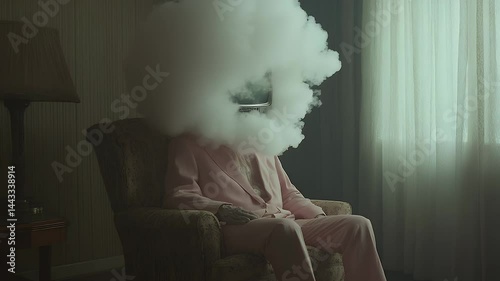 Man in pink suit with retro tv head in smoke