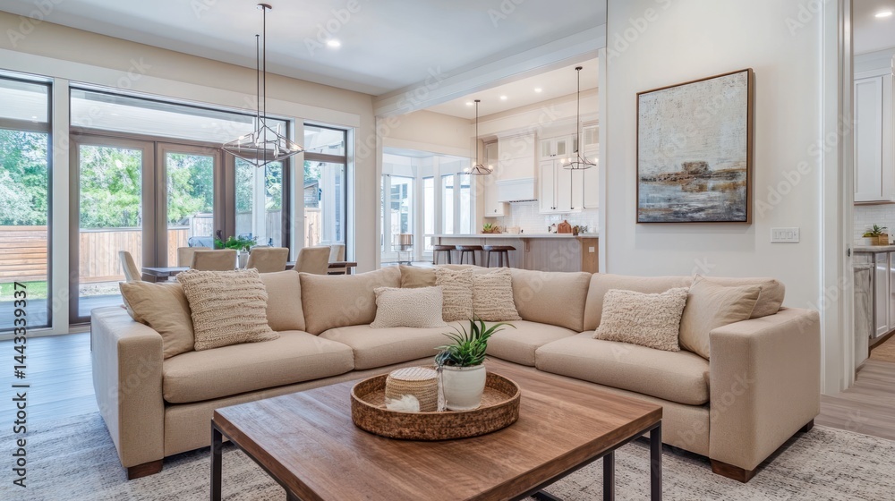 Fototapeta premium Modern Living Room Interior Design with Beige Sectional Sofa, Wooden Coffee Table, and Large Windows