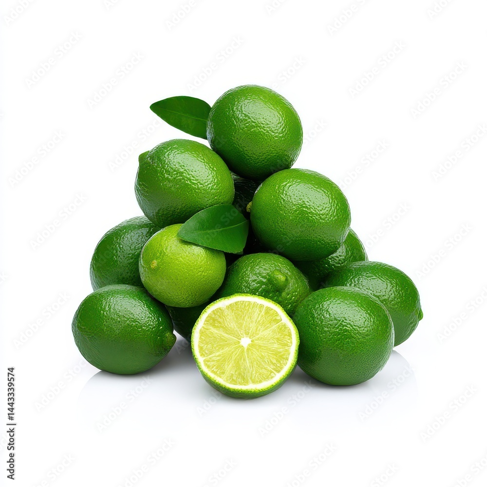 Pile of fresh limes isolated on white background