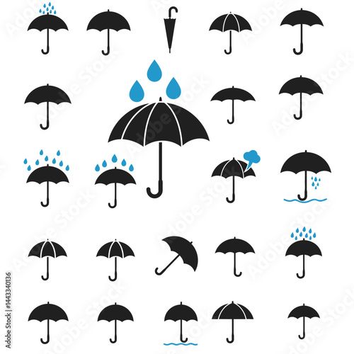 Waterproof umbrella icon set in flat style. Parasol vector illustration on isolated background