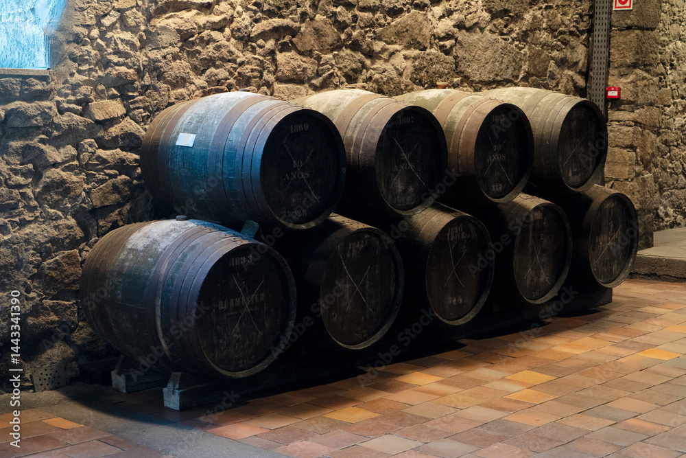 Wine cellar, row of wooden barrels