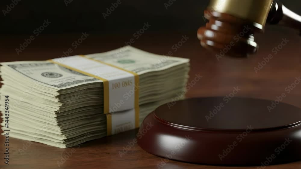Gavel and Stack of Cash - A judge's gavel rests on a wooden sound block next to a large stack of one hundred dollar bills.  The video suggests themes of finance, law, and legal matters.