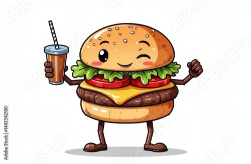 Hamburger with legs and arms and holding a glass of soda, illustration on white background