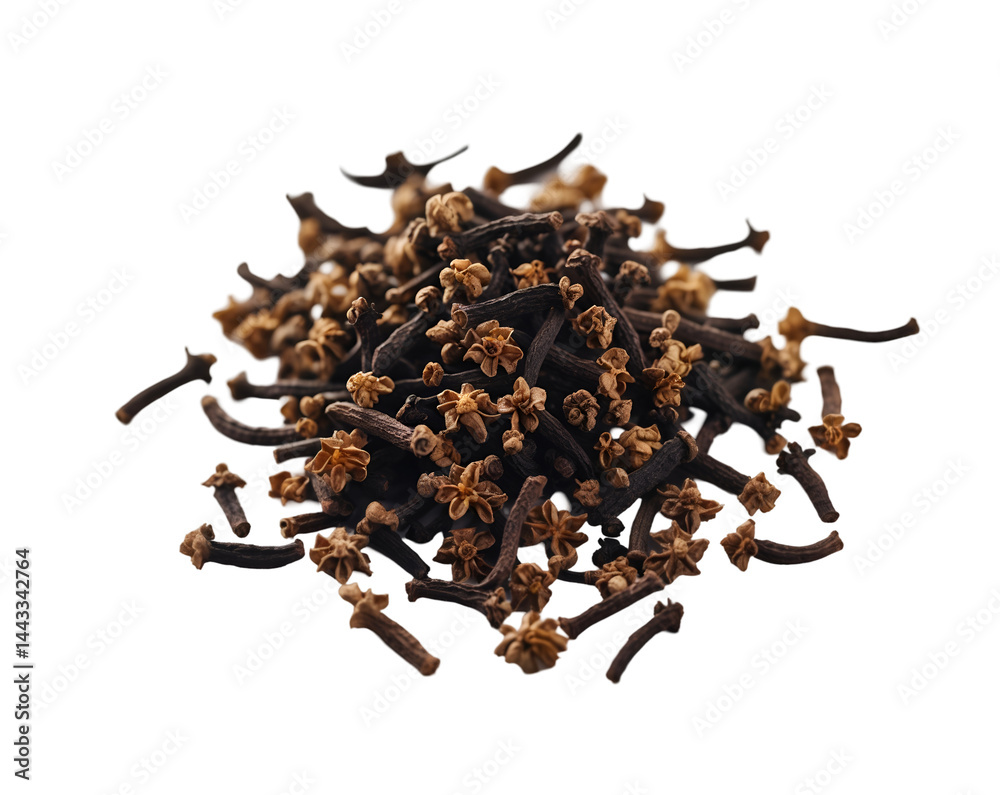 Obraz premium Aromatic Spice, A Detailed Still Life of Dry Cloves Pile on a Clean White Surface, Ideal for Culinary and Health-Related Themes with High Detail and Sharp Focus