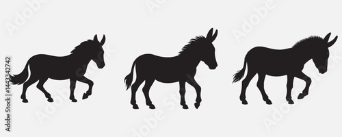 Silhouettes of donkeys in various standing poses, each with distinct ear and tail positions, rendered in black against a light background for a bold and rustic animal profile