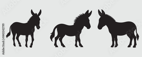 Silhouettes of donkeys in various standing poses, each with distinct ear and tail positions, rendered in black against a light background for a bold and rustic animal profile