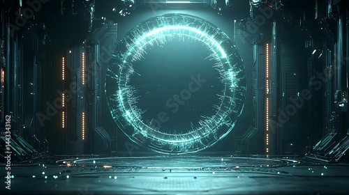 Futuristic portal with a circular glowing cracked effect in a sci-fi setting