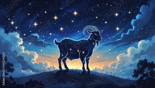 Digital painting, dreamy sky with stars forming outline of goat, Eid symbolism, poetic night sky scene