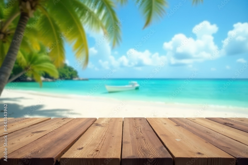 Fototapeta premium Empty wooden table on tropical beach; blurred ocean, sky, clouds , calm, bright