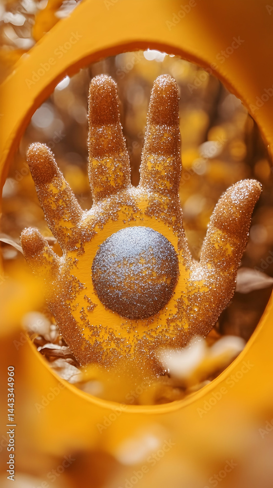 Fototapeta premium Hand covered with glitter holds sphere within circular frame orange and yellow hues create warm feel