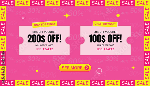 Vibrant pink sale banner offering discount vouchers perfect for seasonal promotions, online shopping campaigns, e-commerce, retail, and digital marketing visuals.