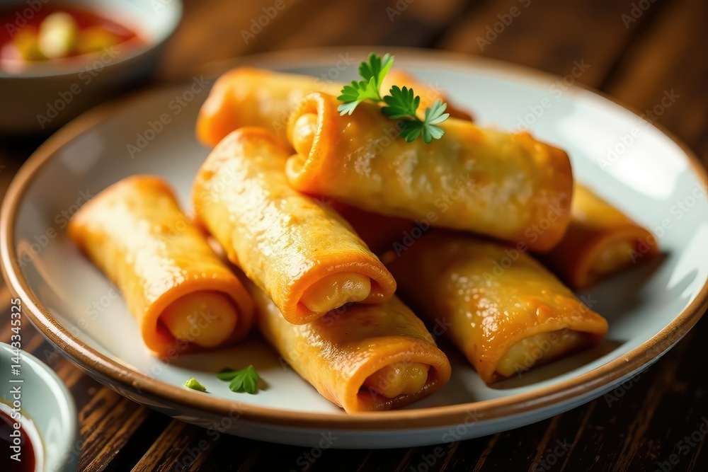 Crispy spring rolls, sweet and sour sauce, garnish, delicious, cantonese, tasty
