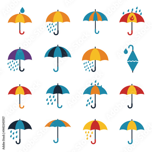 Waterproof umbrella icon set in flat style. Parasol vector illustration on isolated background