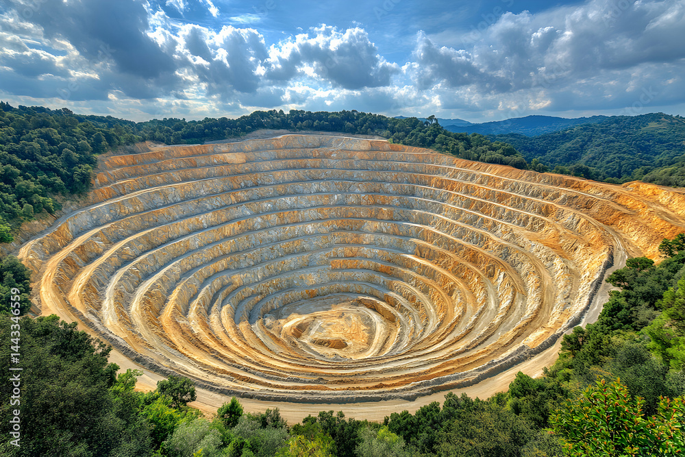 Aerial view of a large, circular open-pit mine with concentric layers of excavated earth, surrounded by lush green forest under a vibrant blue sky. Aerial view of a large, circular open-pit mine with concentric layers of excavated earth, surrounded by lush green forest under a vibrant blue sky.