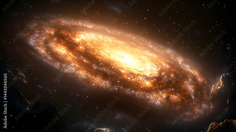 Fototapeta premium Spiral galaxy glows with orange and white light dotted with stars next to dark rocks in deep space