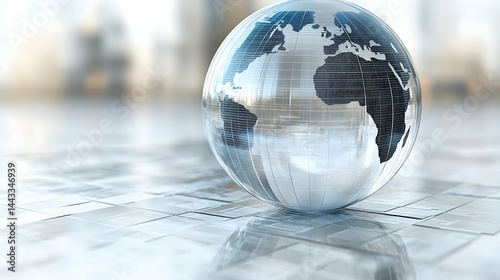 Transparent world globe on a light surface showing continents oceans and global perspective