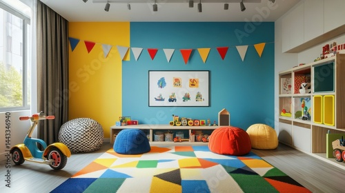 Playful and Colorful Kids Room Design, featuring vibrant walls, cheerful decor, and engaging toys. Perfect for early childhood education. photo