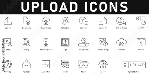 Upload Icons vector illustration with thin line editable stroke containing speed, folder, server, application, arrow up, website, transfer, sign, backup, video, send files, upload files, uploading.