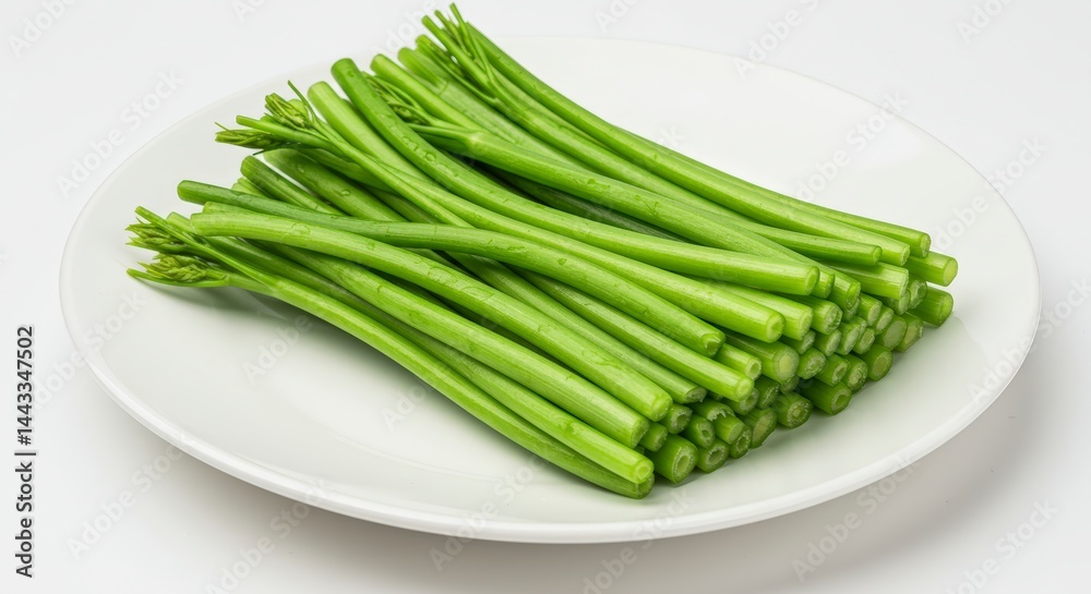 Preparing Fresh Water Spinach on White Plate for Healthy Eating Preparing Fresh Water Spinach on White Plate for Healthy Eating