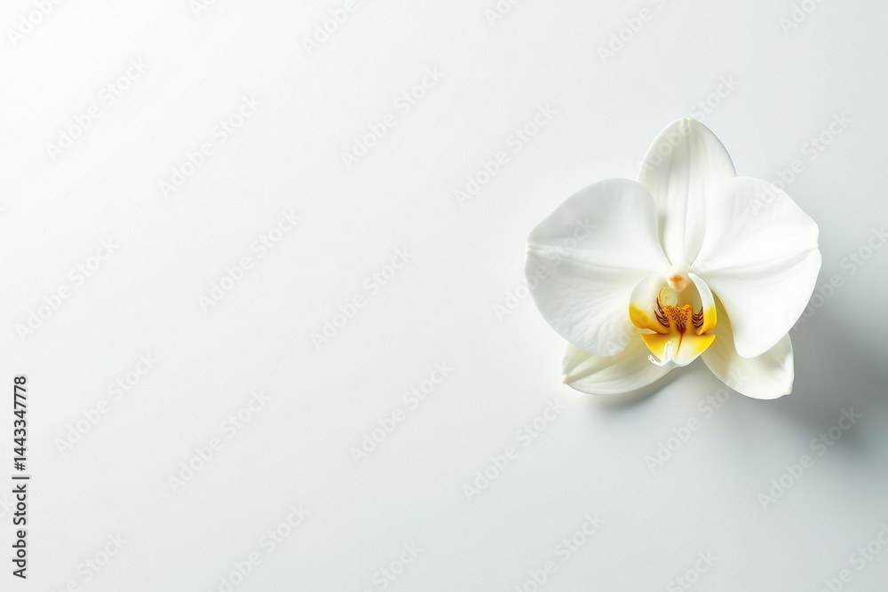 Fototapeta premium Delicate white orchid blossom on stark white backdrop, unblemished, white, detail