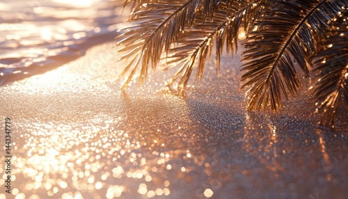 Fototapeta Naklejka Na Ścianę i Meble -  Golden beach sunset glow. Palm leaves on glistening sand