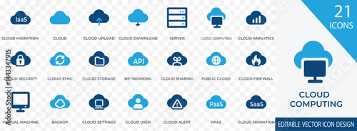 A clean and modern vector icon set representing cloud computing technologies. Includes icons for cloud upload, server, cloud security, storage solutions, networking and virtual machines
