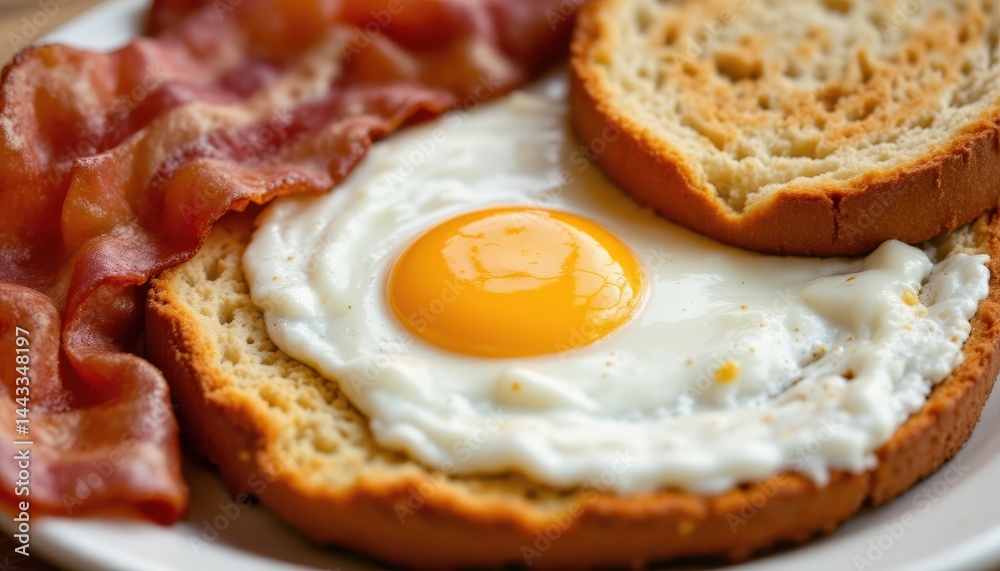Crispy bacon, a sunny-side-up egg, and toasted bread on a plate create a classic breakfast meal. Crispy bacon, a sunny-side-up egg, and toasted bread on a plate create a classic breakfast meal.