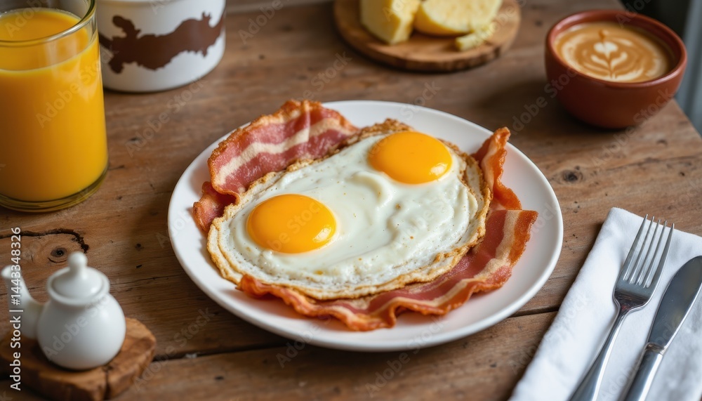 A delicious breakfast with sunny side up eggs, crispy bacon, orange juice, coffee, and buttered bread on a rustic wooden table. A delicious breakfast with sunny side up eggs, crispy bacon, orange juice, coffee, and buttered bread on a rustic wooden table.