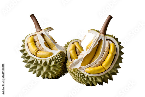 Captivating Close-Up of a Durian Fruit Opened, Revealing its Creamy Yellow Pods, Exotically Displayed on an Isolated Backdrop for Culinary Exploration