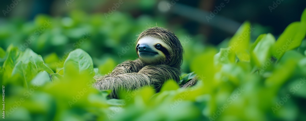 Obraz premium Smiling sloth sits comfortably surrounded by lush green leaves
