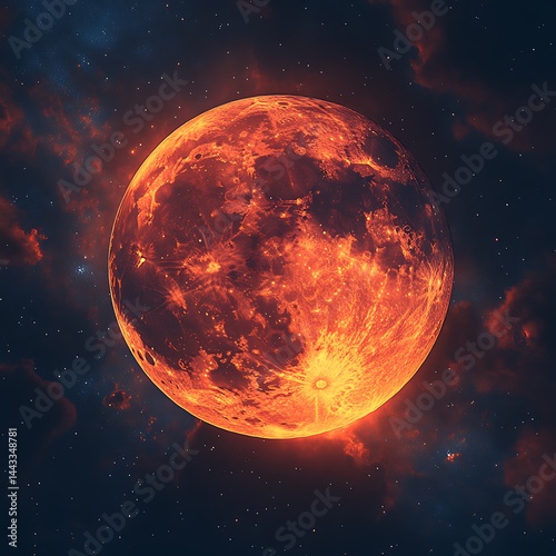 Fiery, crimson celestial body amidst cosmic dust