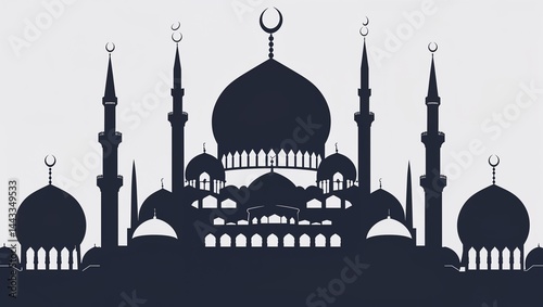 Dark silhouette of mosque skyline with minarets and dome, cutout on white background, clean edges, scalable for print, poster or web use