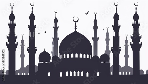 Dark silhouette of mosque skyline with minarets and dome, cutout on white background, clean edges, scalable for print, poster or web use